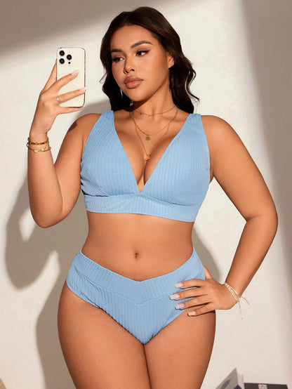 Swim Lushoire Plus Size Simple Solid Color Textured Fabric Beach & Swimwear Set For Summer Beach Vacation