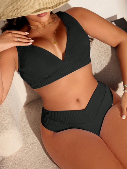Swim Lushoire Plus Size Simple Solid Color Textured Fabric Beach & Swimwear Set For Summer Beach Vacation