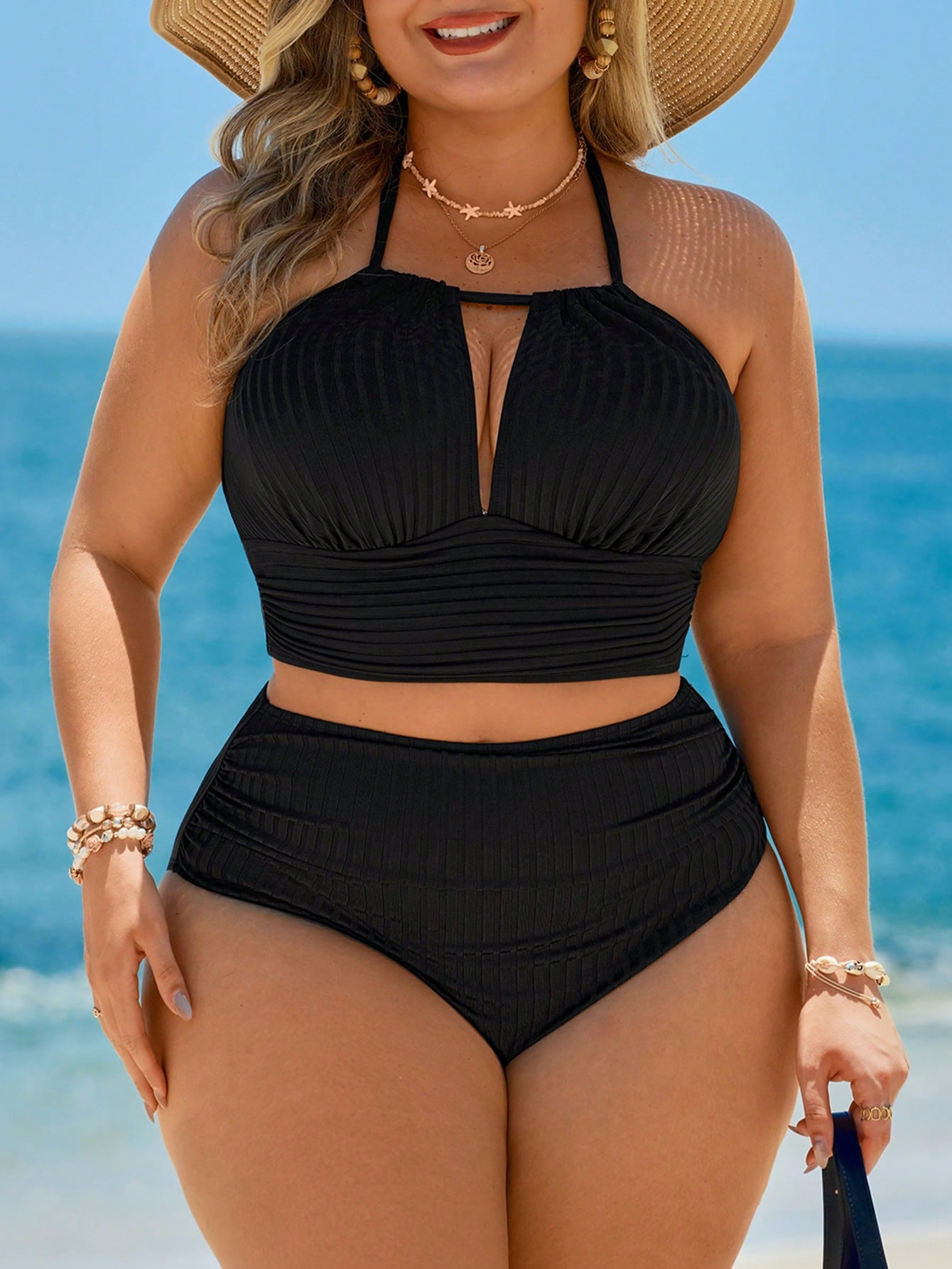Swim Lushoire Plus Size Solid Color Halter Neck Swimsuit & Triangle Swim Trunks Set For Summer Beach Vacation