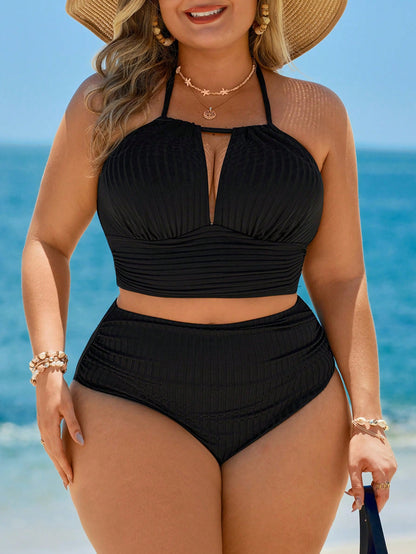Swim Lushoire Plus Size Solid Color Halter Neck Swimsuit & Triangle Swim Trunks Set For Summer Beach Vacation