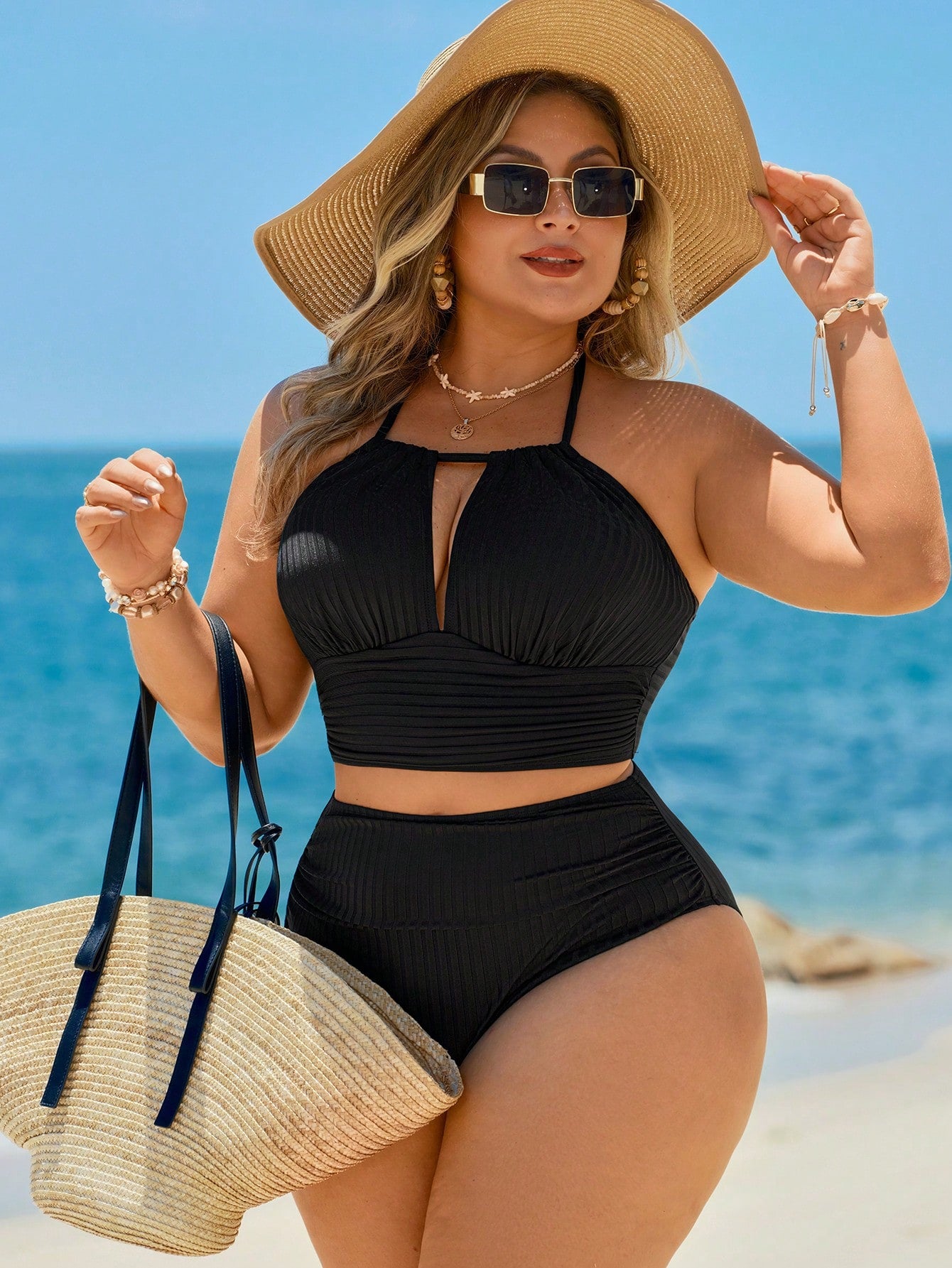 Swim Lushoire Plus Size Solid Color Halter Neck Swimsuit & Triangle Swim Trunks Set For Summer Beach Vacation
