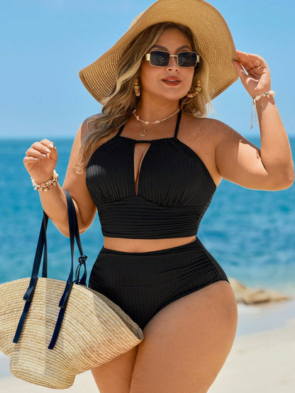Swim Lushoire Plus Size Solid Color Halter Neck Swimsuit & Triangle Swim Trunks Set For Summer Beach Vacation