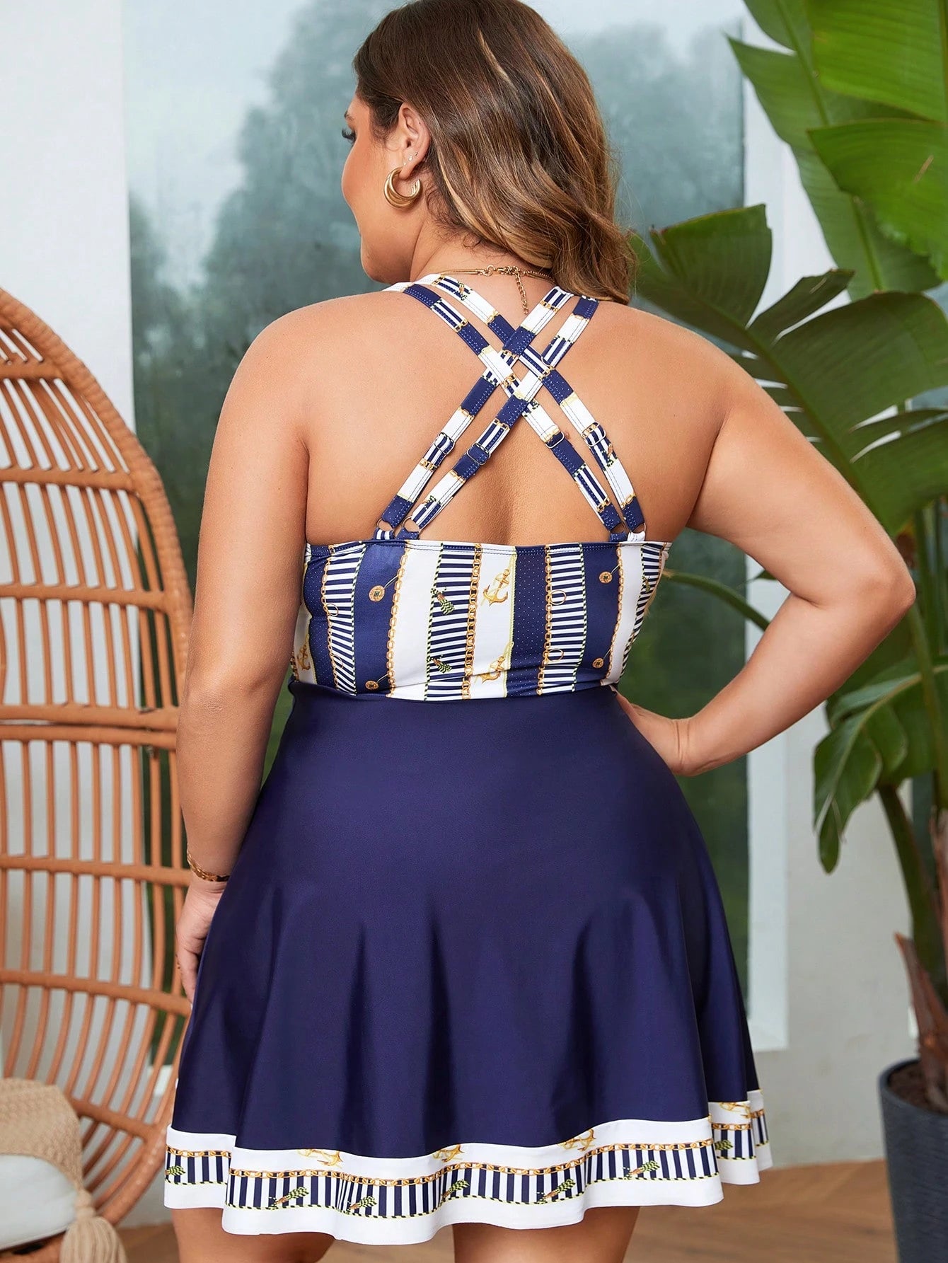 Swim Lushoire Plus Size Summer Beach Color Block Anchor Printed Drawstring Detail Tankini Set