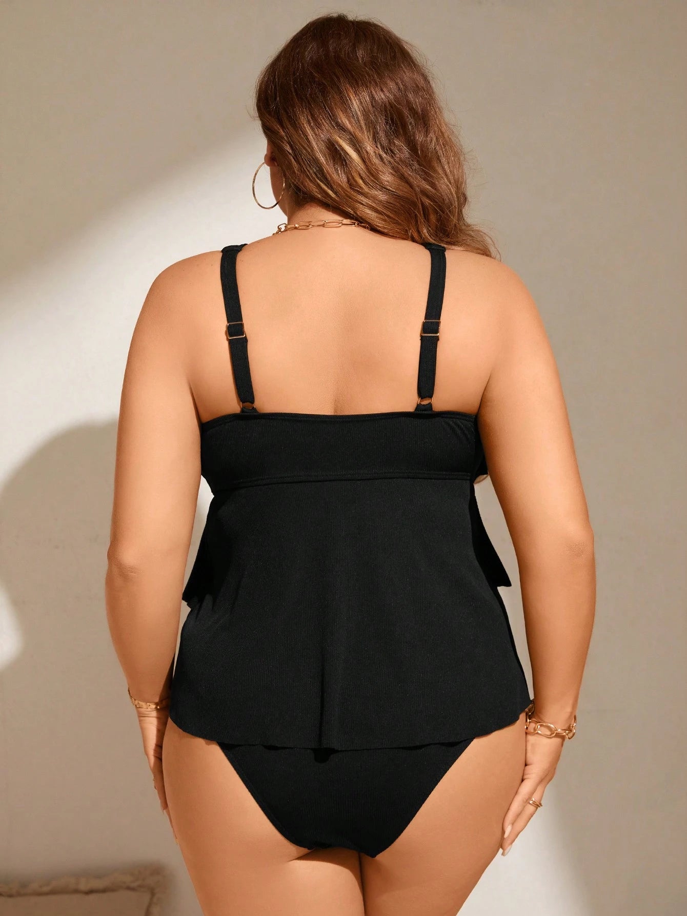 Swim Lushoire Plus Size Summer Beach Simple Hollow Out Halter Neck Tankini Set