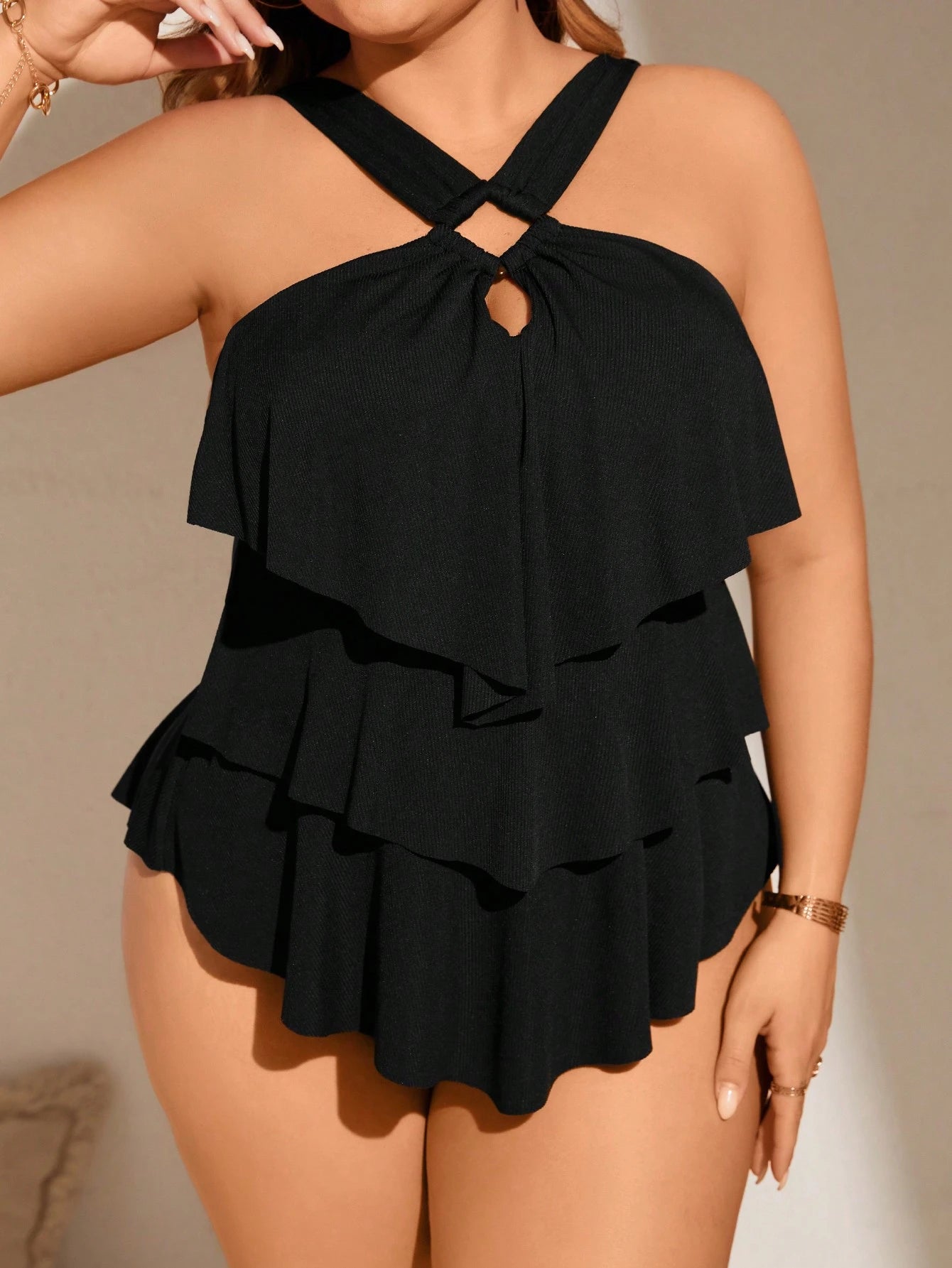 Swim Lushoire Plus Size Summer Beach Simple Hollow Out Halter Neck Tankini Set