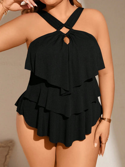 Swim Lushoire Plus Size Summer Beach Simple Hollow Out Halter Neck Tankini Set