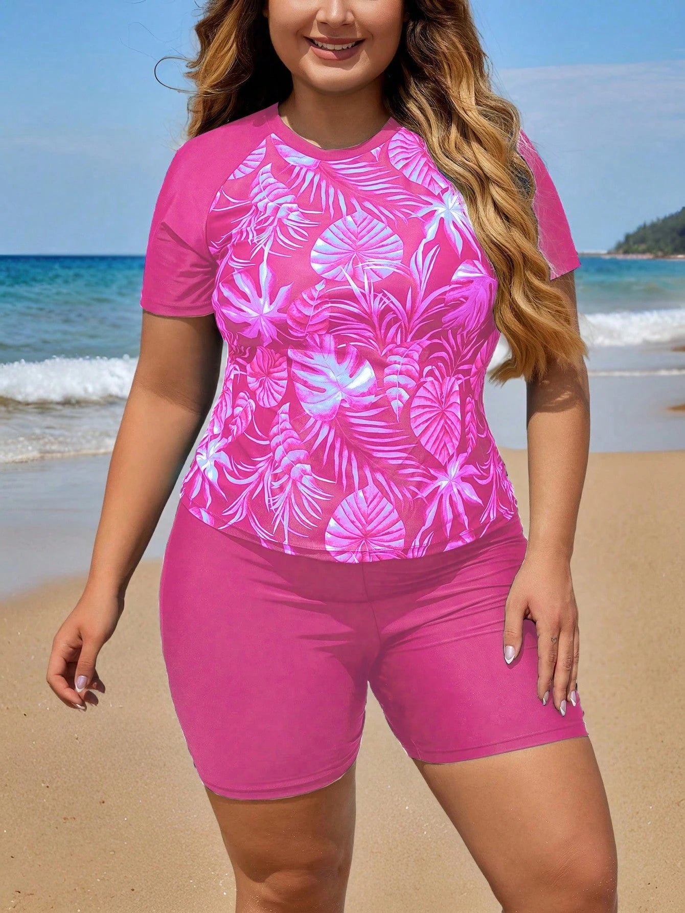Swim Lushoire Plus Size Tropical Print Tankini Swimwear Set Beach Summer