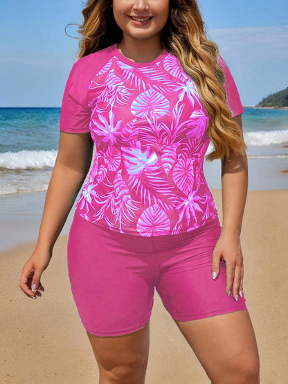Swim Lushoire Plus Size Tropical Print Tankini Swimwear Set Beach Summer