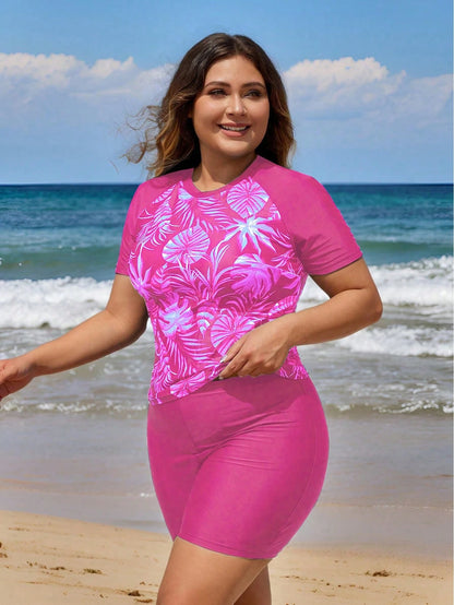 Swim Lushoire Plus Size Tropical Print Tankini Swimwear Set Beach Summer