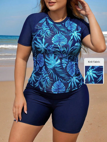 Swim Lushoire Plus Size Tropical Print Tankini Swimwear Set Beach Summer