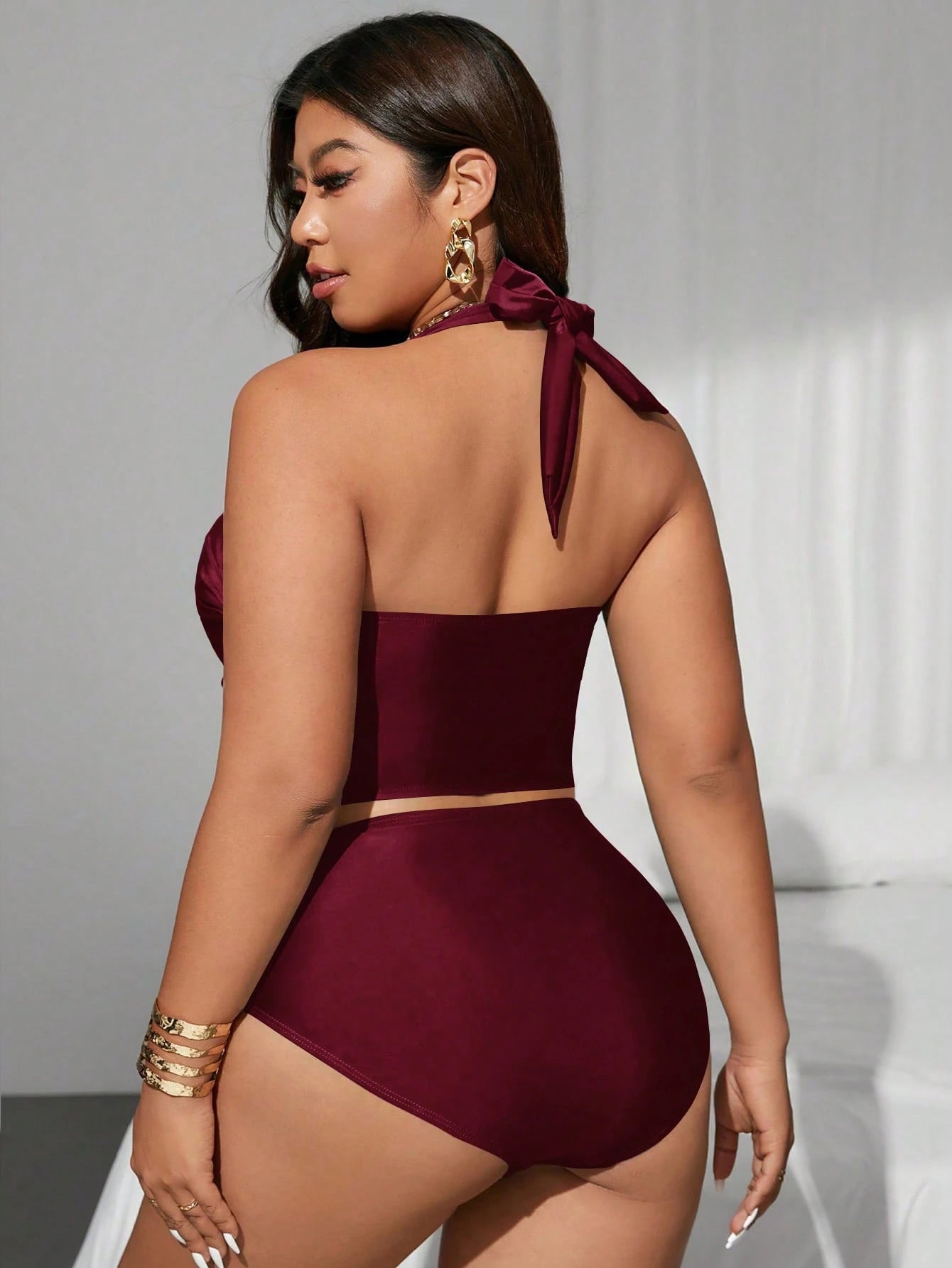 Swim Lushoire Plus Size Women 2-Piece Green Halter Neck Hollow Out Pleated Backless Elegant Fashion Separate Tank Style Swimsuit Set