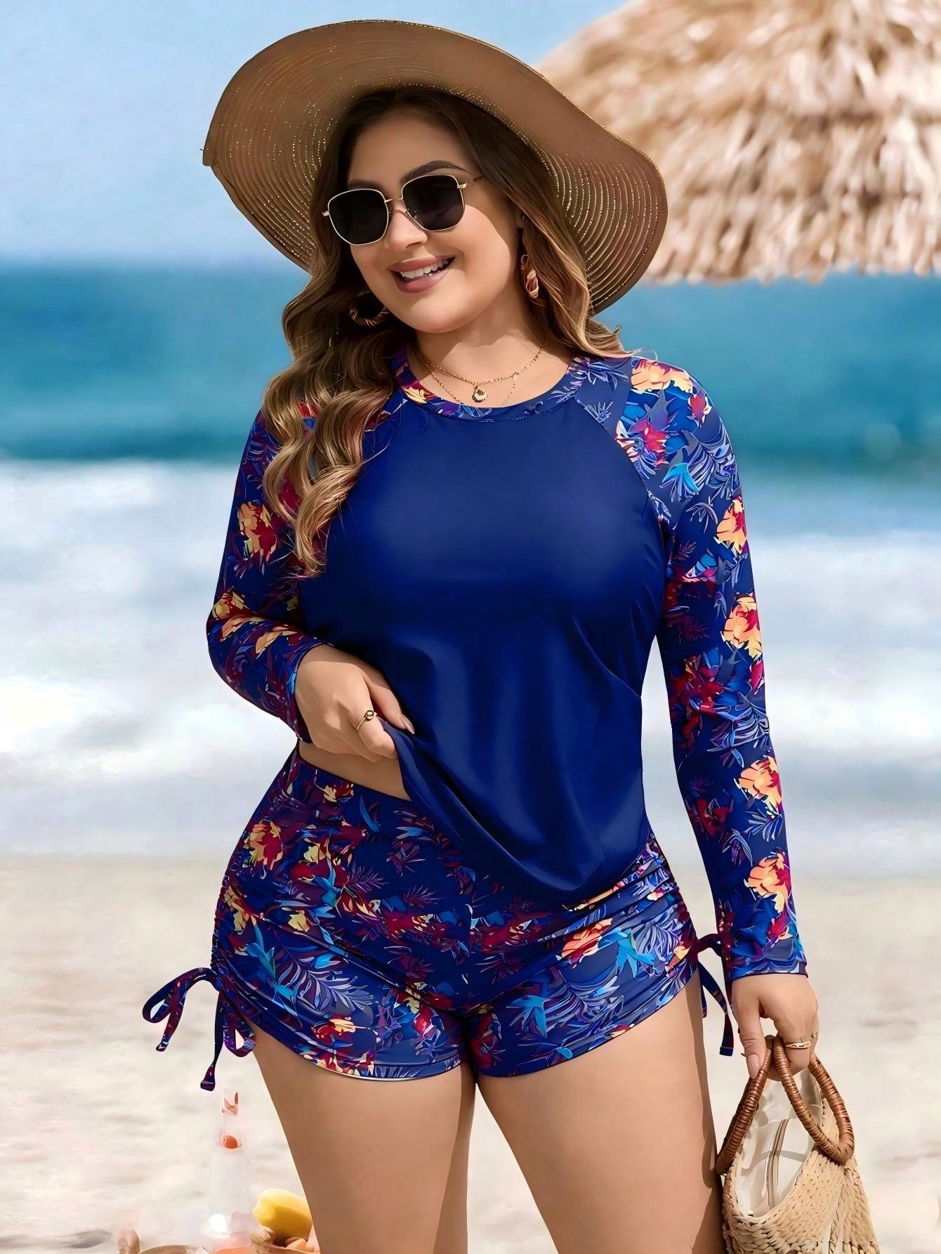 Swim Lushoire Plus Size Women 2-Piece Set,Navy Blue Leaf Print Long Sleeve Round Neck Swimsuit With High Waist Drawstring Shorts,Summer Beach Vacation Holiday
