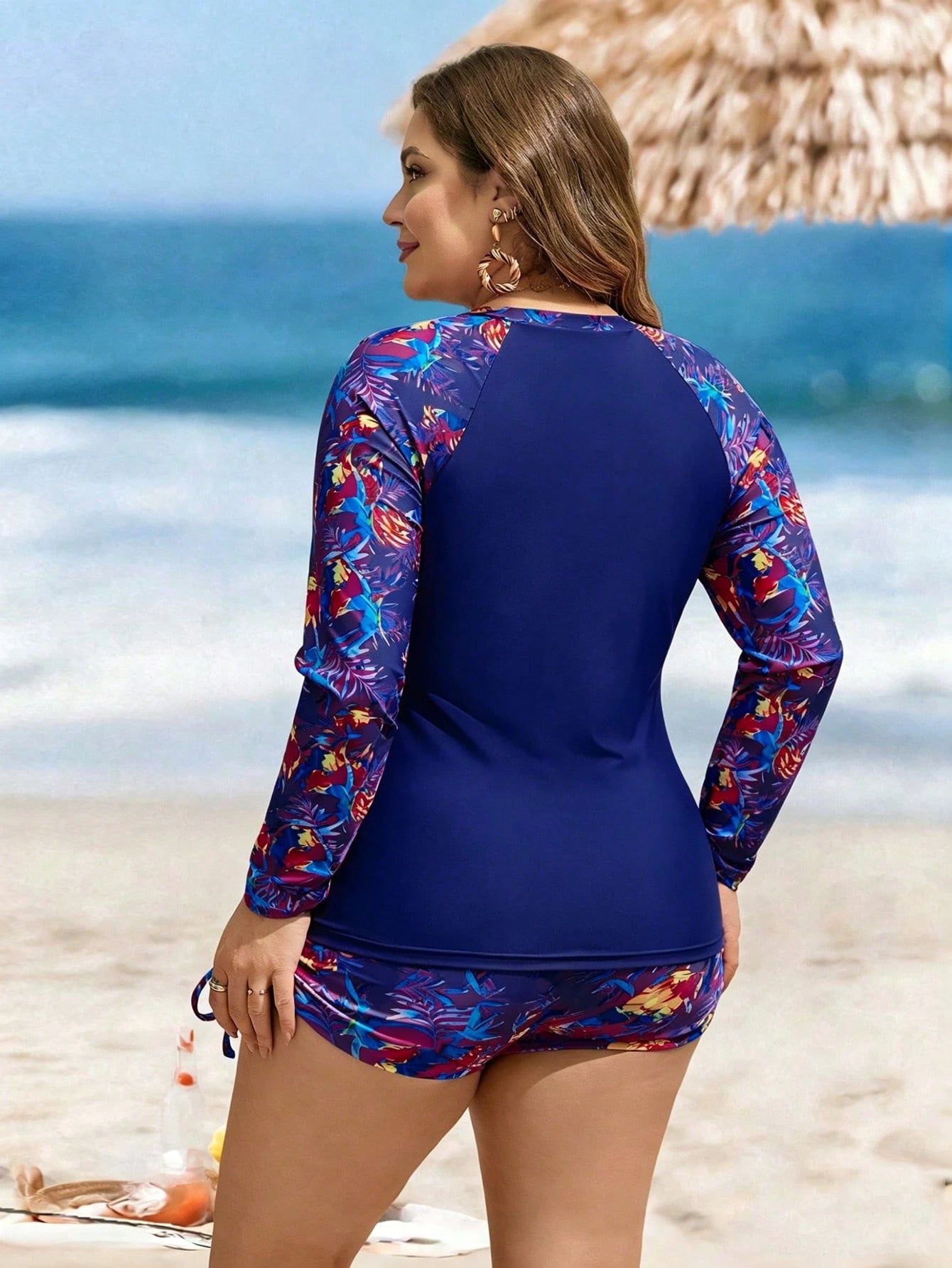 Swim Lushoire Plus Size Women 2-Piece Set,Navy Blue Leaf Print Long Sleeve Round Neck Swimsuit With High Waist Drawstring Shorts,Summer Beach Vacation Holiday