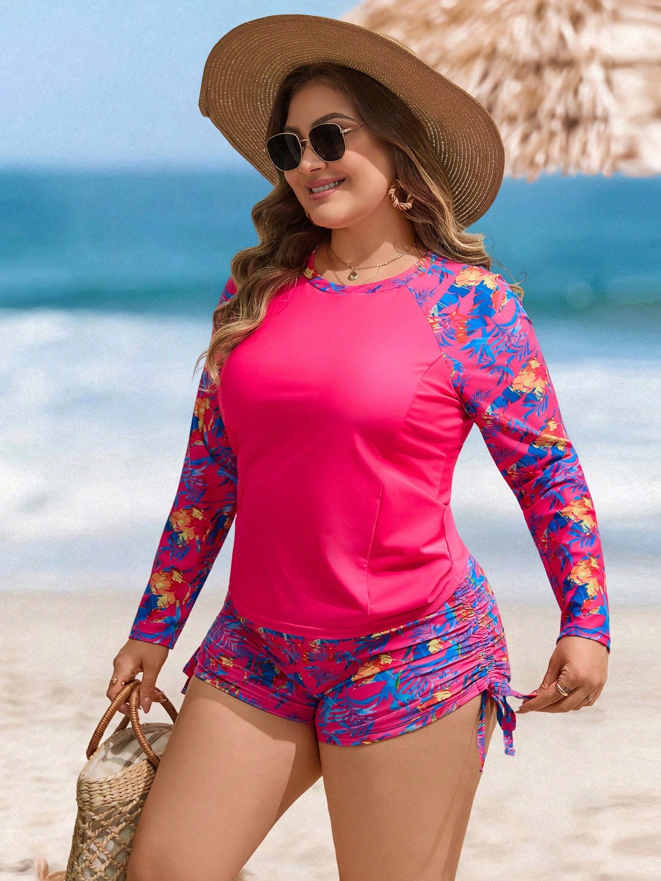 Swim Lushoire Plus Size Women 2-Piece Set,Navy Blue Leaf Print Long Sleeve Round Neck Swimsuit With High Waist Drawstring Shorts,Summer Beach Vacation Holiday