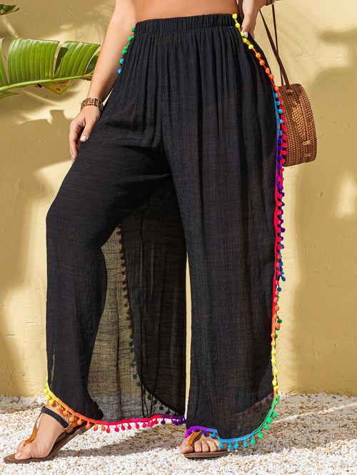 Swim Lushoire Plus Size Women Colorful Tassel Trim Side Slit Modest Beach Casual Long Cover Up Pants, For Summer Vacation