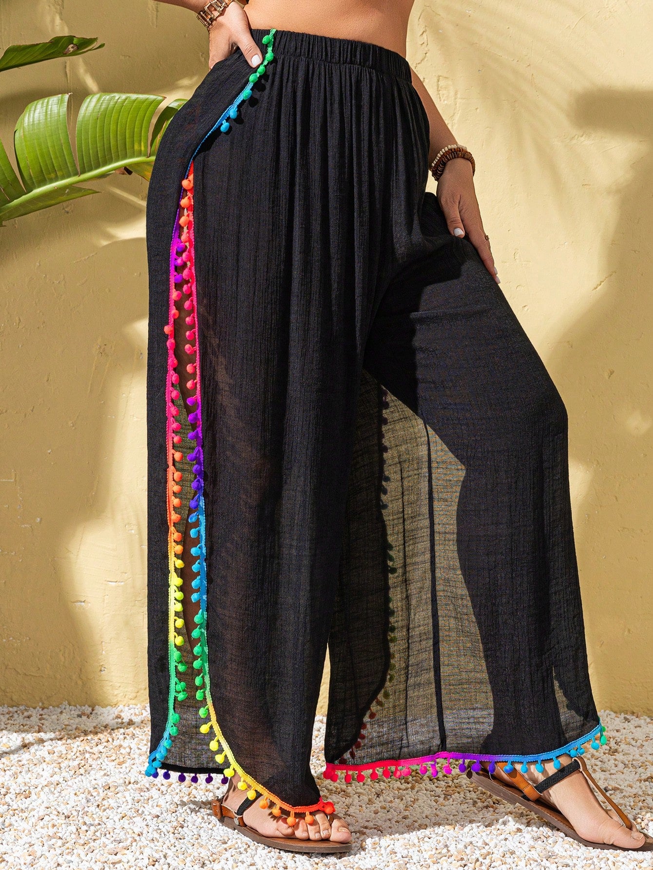 Swim Lushoire Plus Size Women Colorful Tassel Trim Side Slit Modest Beach Casual Long Cover Up Pants, For Summer Vacation