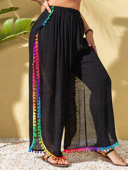 Swim Lushoire Plus Size Women Colorful Tassel Trim Side Slit Modest Beach Casual Long Cover Up Pants, For Summer Vacation