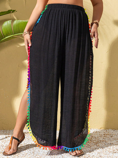 Swim Lushoire Plus Size Women Colorful Tassel Trim Side Slit Modest Beach Casual Long Cover Up Pants, For Summer Vacation