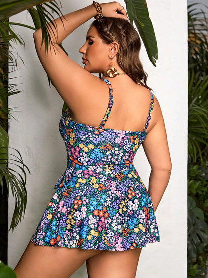 Swim Lushoire Plus Size Women Floral Printed U-Neck Bow-Tie Tankini Two-Piece Cami Swimsuit Dress For Summer Beach Vacation