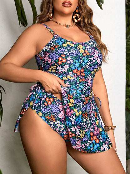 Swim Lushoire Plus Size Women Floral Printed U-Neck Bow-Tie Tankini Two-Piece Cami Swimsuit Dress For Summer Beach Vacation
