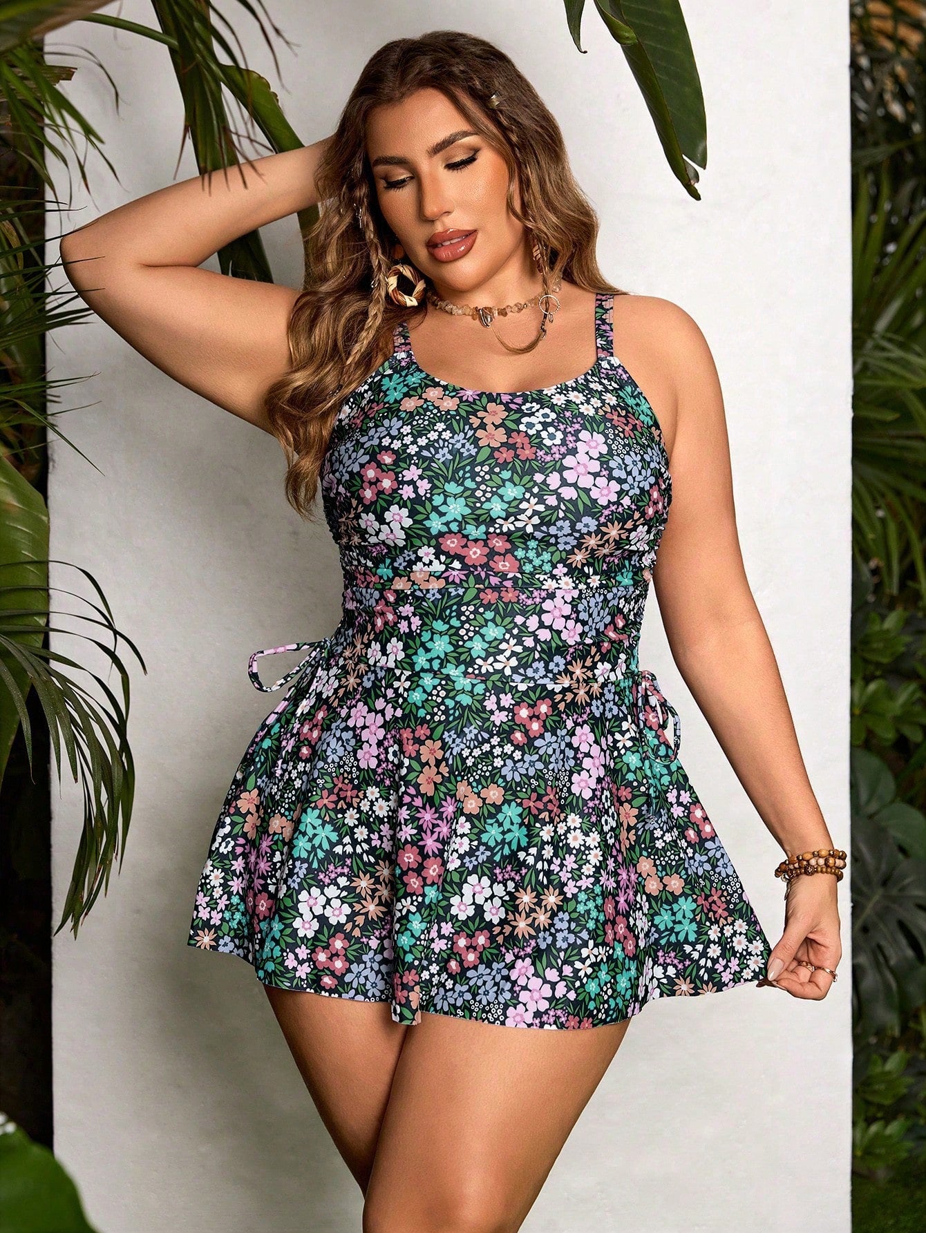 Swim Lushoire Plus Size Women Holiday Beach Beach Vacation White Floral Print Spaghetti Strap Bow Tie Tankini Swimwear Dress Camisole Bikini Set Summer Boho