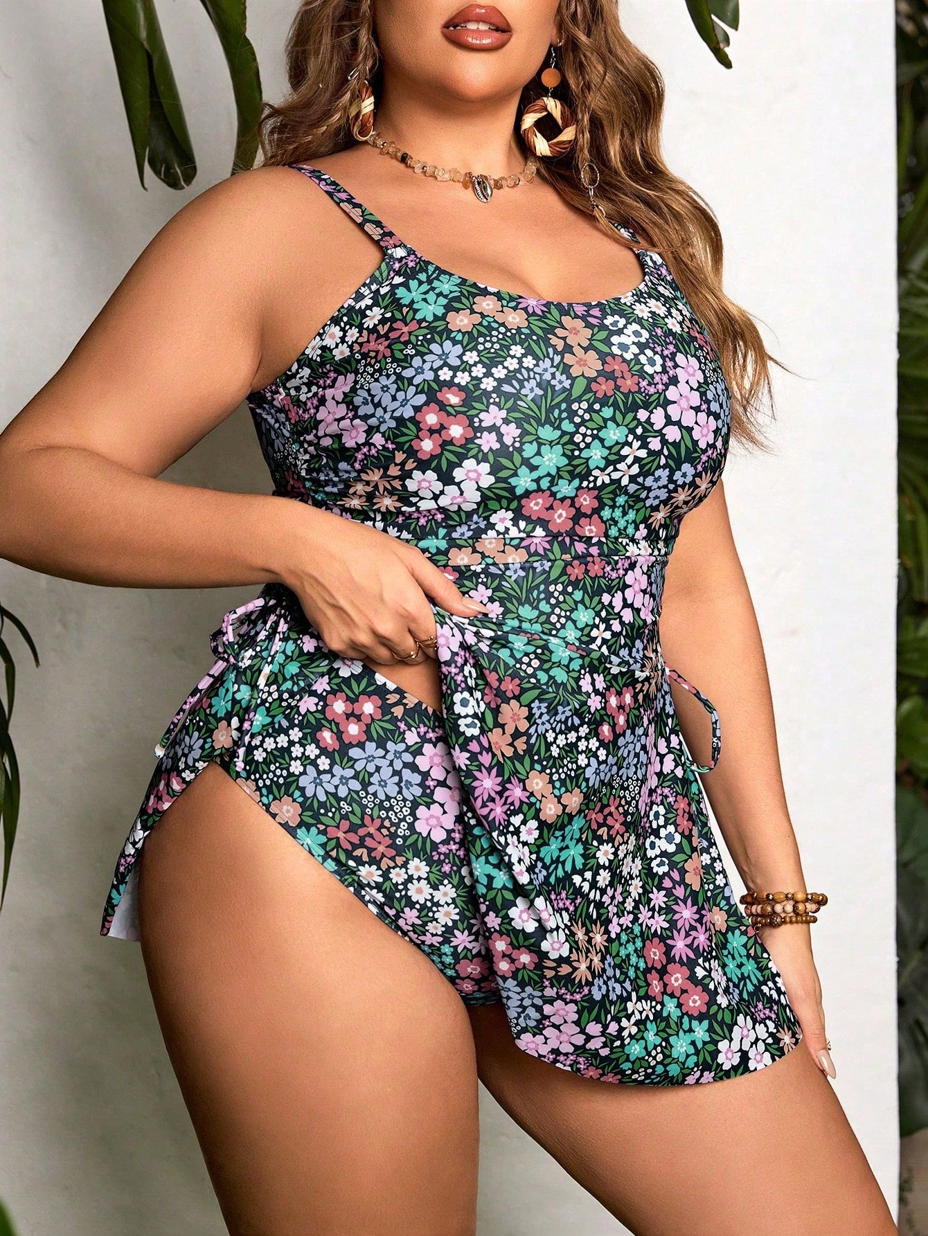 Swim Lushoire Plus Size Women Holiday Beach Beach Vacation White Floral Print Spaghetti Strap Bow Tie Tankini Swimwear Dress Camisole Bikini Set Summer Boho