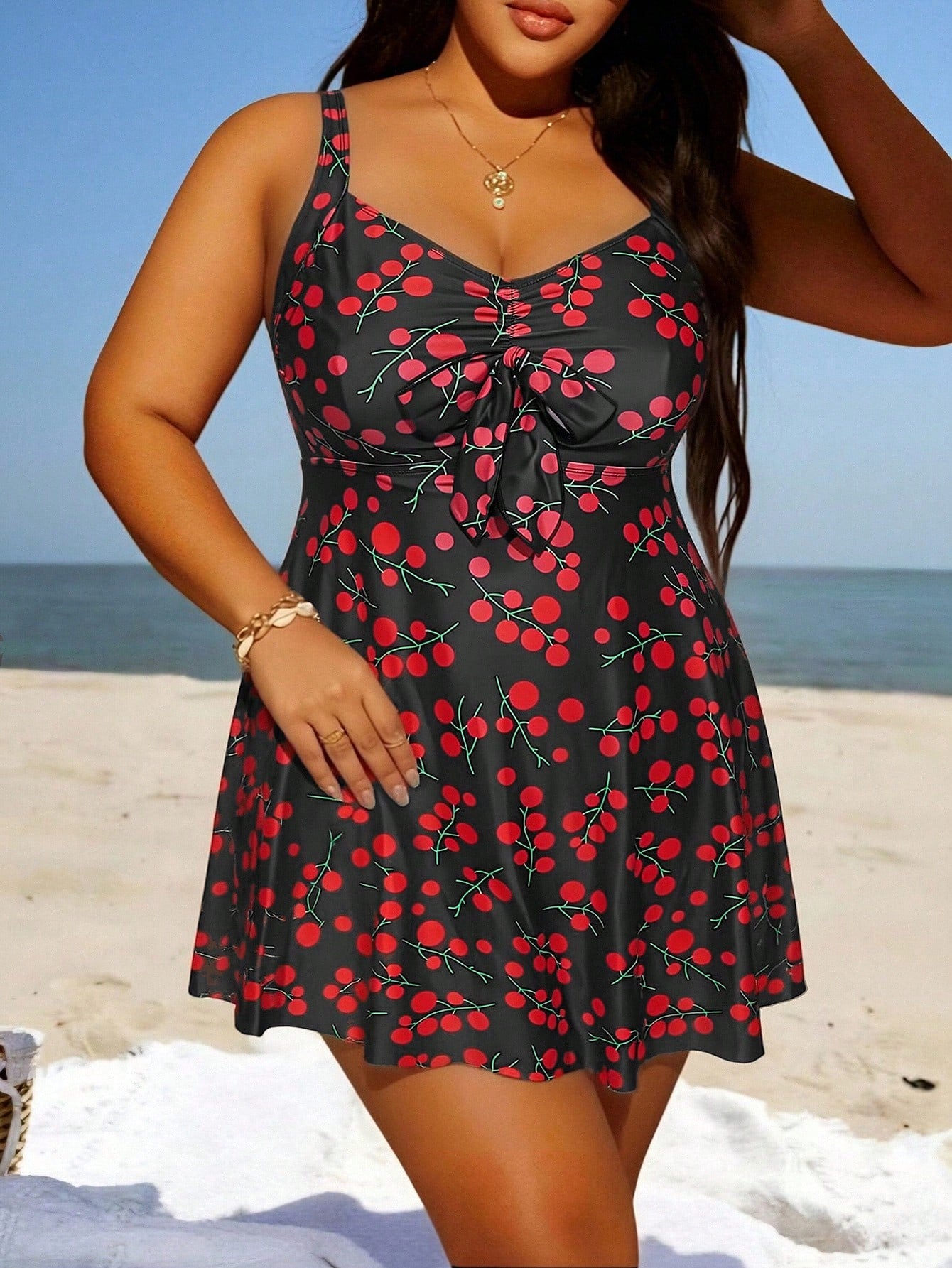 Swim Lushoire Plus Size Women's All-Over Print Ruched Cami Dress Triangle Bikini Bottom Two-Piece Swimsuit Set Beach Vacation Summer