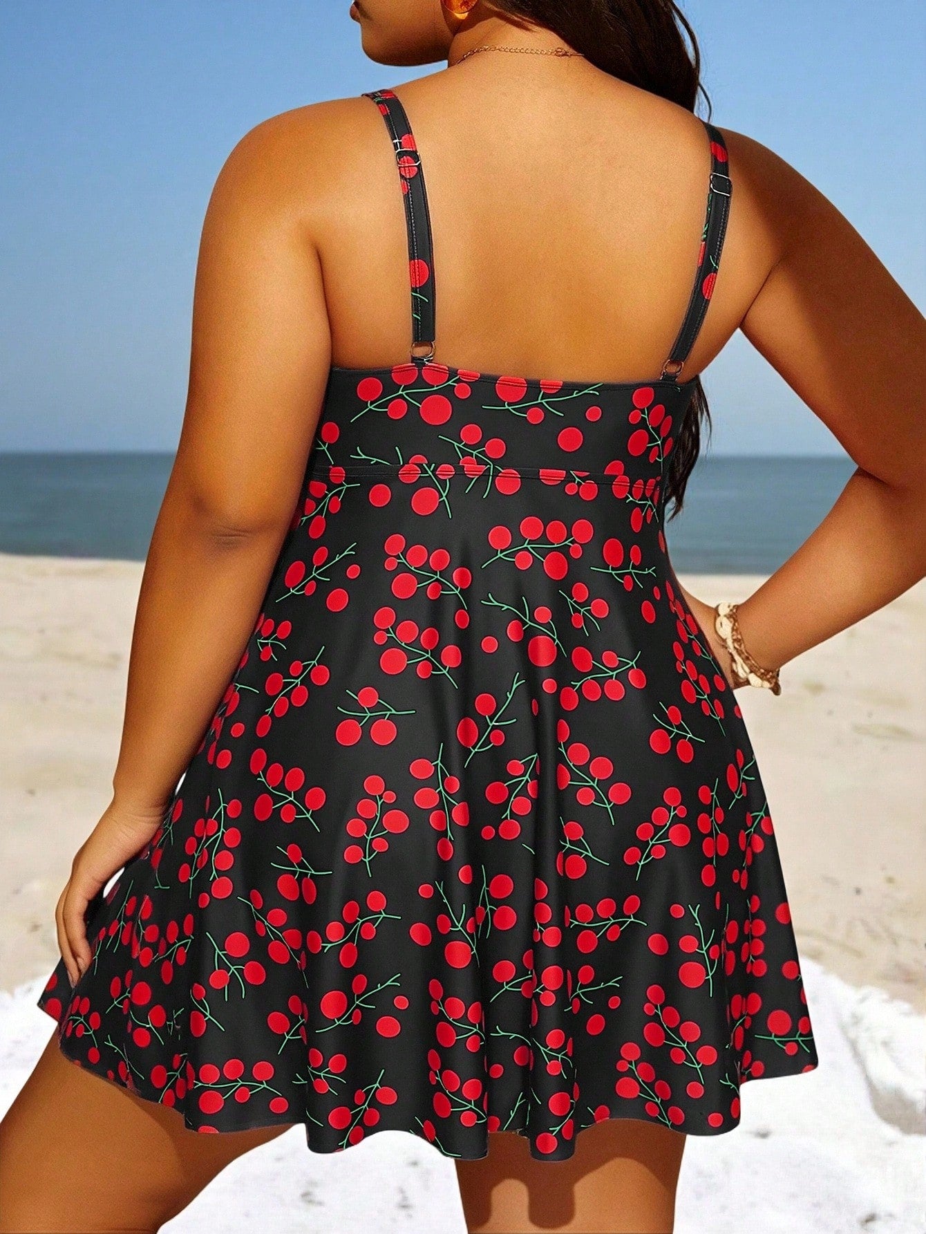 Swim Lushoire Plus Size Women's All-Over Print Ruched Cami Dress Triangle Bikini Bottom Two-Piece Swimsuit Set Beach Vacation Summer