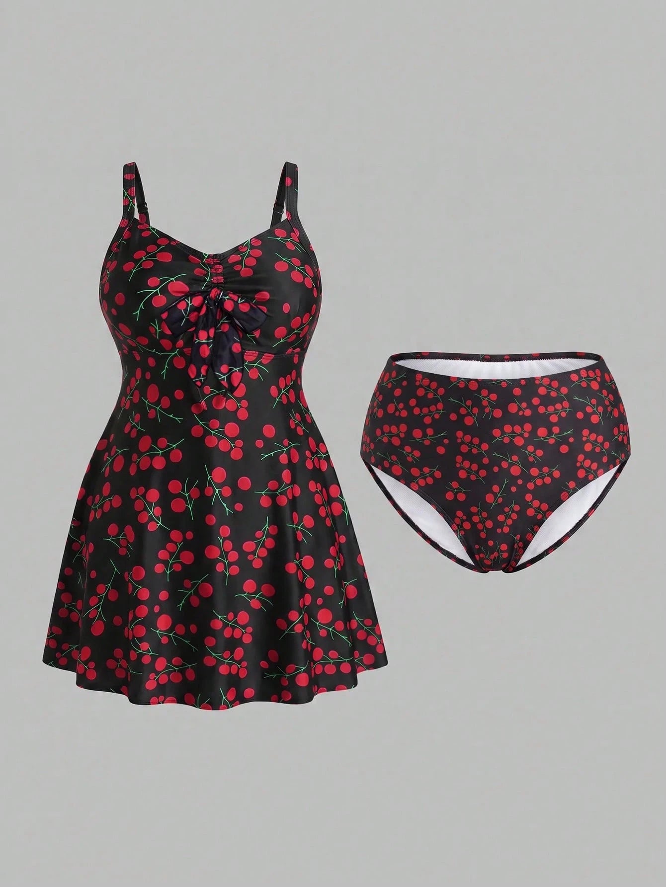 Swim Lushoire Plus Size Women's All-Over Print Ruched Cami Dress Triangle Bikini Bottom Two-Piece Swimsuit Set Beach Vacation Summer