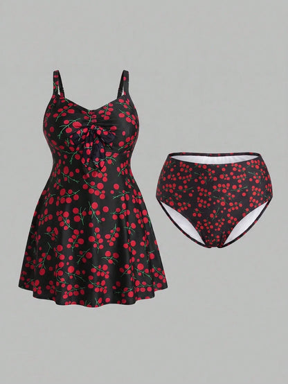 Swim Lushoire Plus Size Women's All-Over Print Ruched Cami Dress Triangle Bikini Bottom Two-Piece Swimsuit Set Beach Vacation Summer