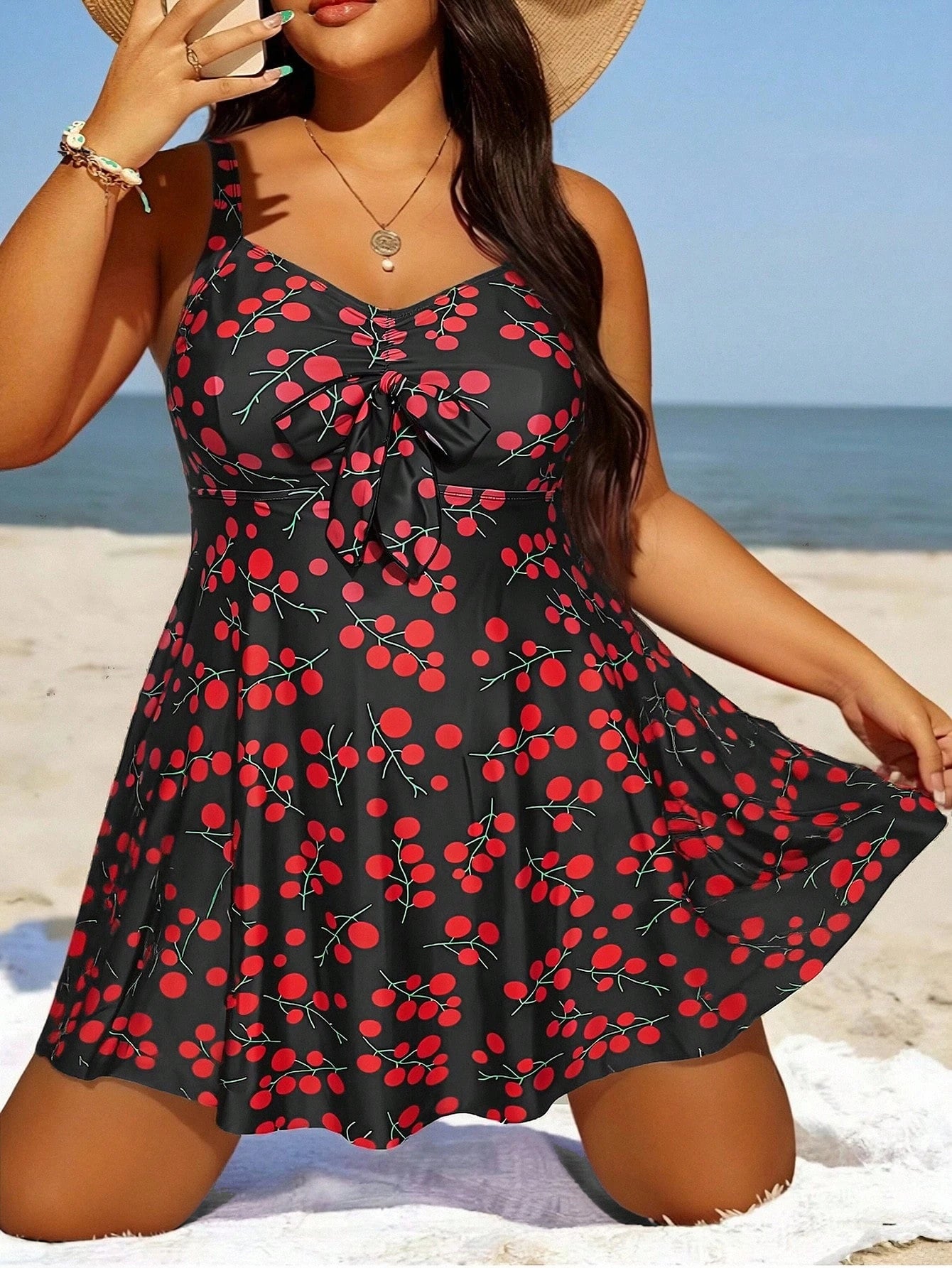 Swim Lushoire Plus Size Women's All-Over Print Ruched Cami Dress Triangle Bikini Bottom Two-Piece Swimsuit Set Beach Vacation Summer