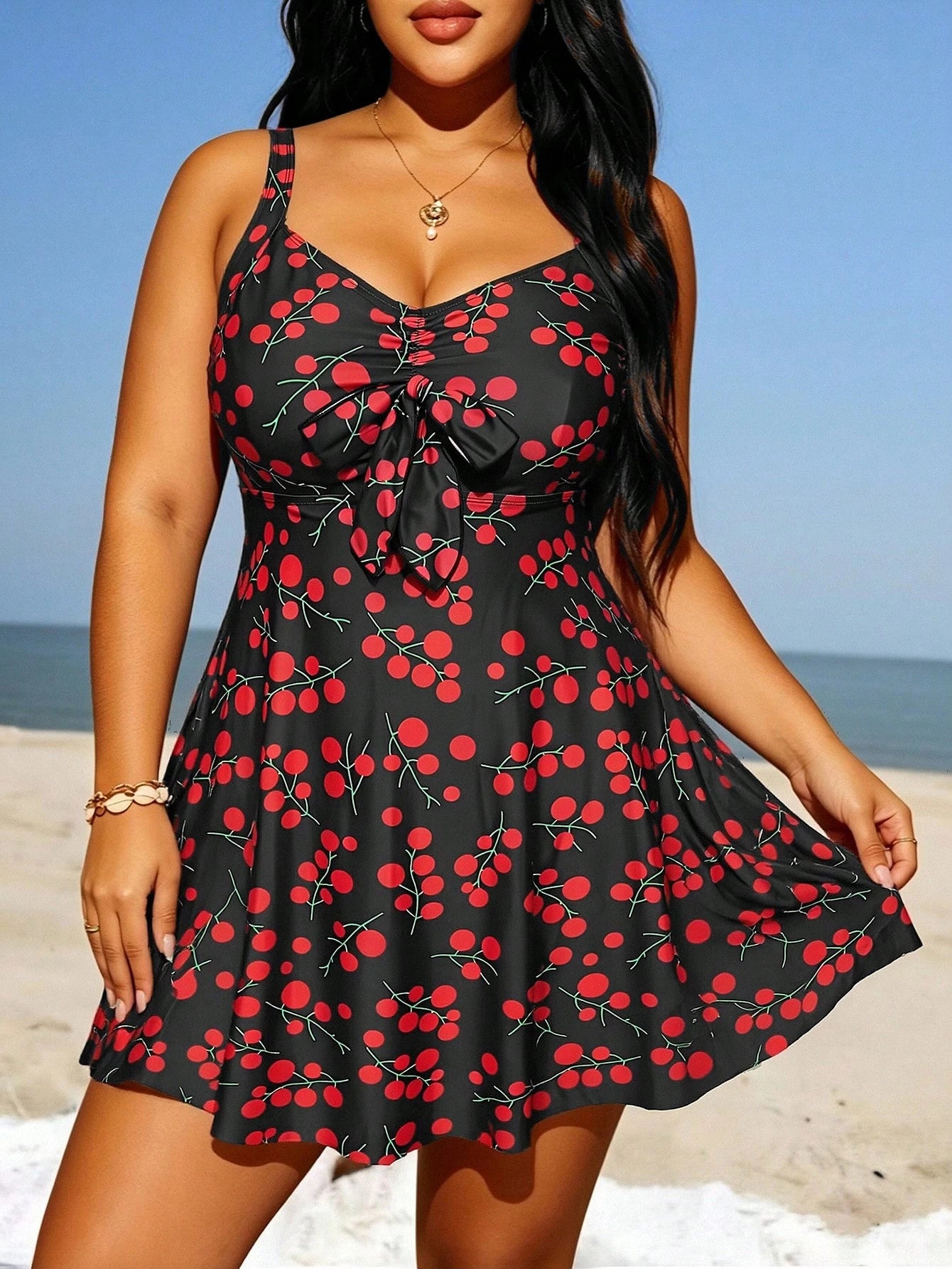 Swim Lushoire Plus Size Women's All-Over Print Ruched Cami Dress Triangle Bikini Bottom Two-Piece Swimsuit Set Beach Vacation Summer
