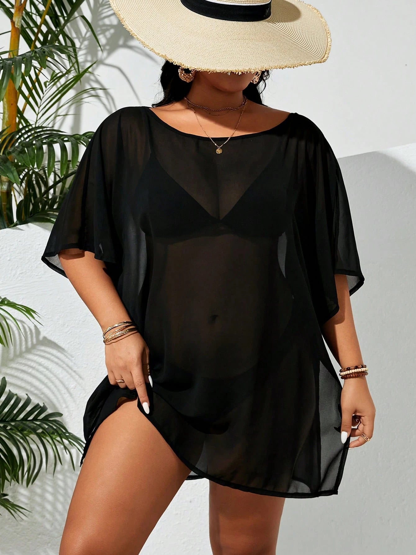 Swim Lushoire Plus Size Women's Holiday Solid Color Round Neck Batwing Sleeve Mesh Loose Cover-Up Dress,Summer Beach