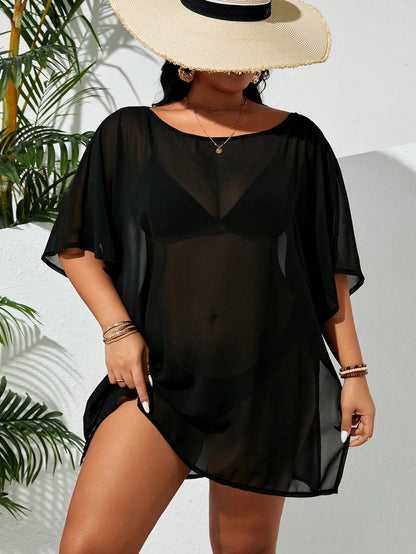 Swim Lushoire Plus Size Women's Holiday Solid Color Round Neck Batwing Sleeve Mesh Loose Cover-Up Dress,Summer Beach