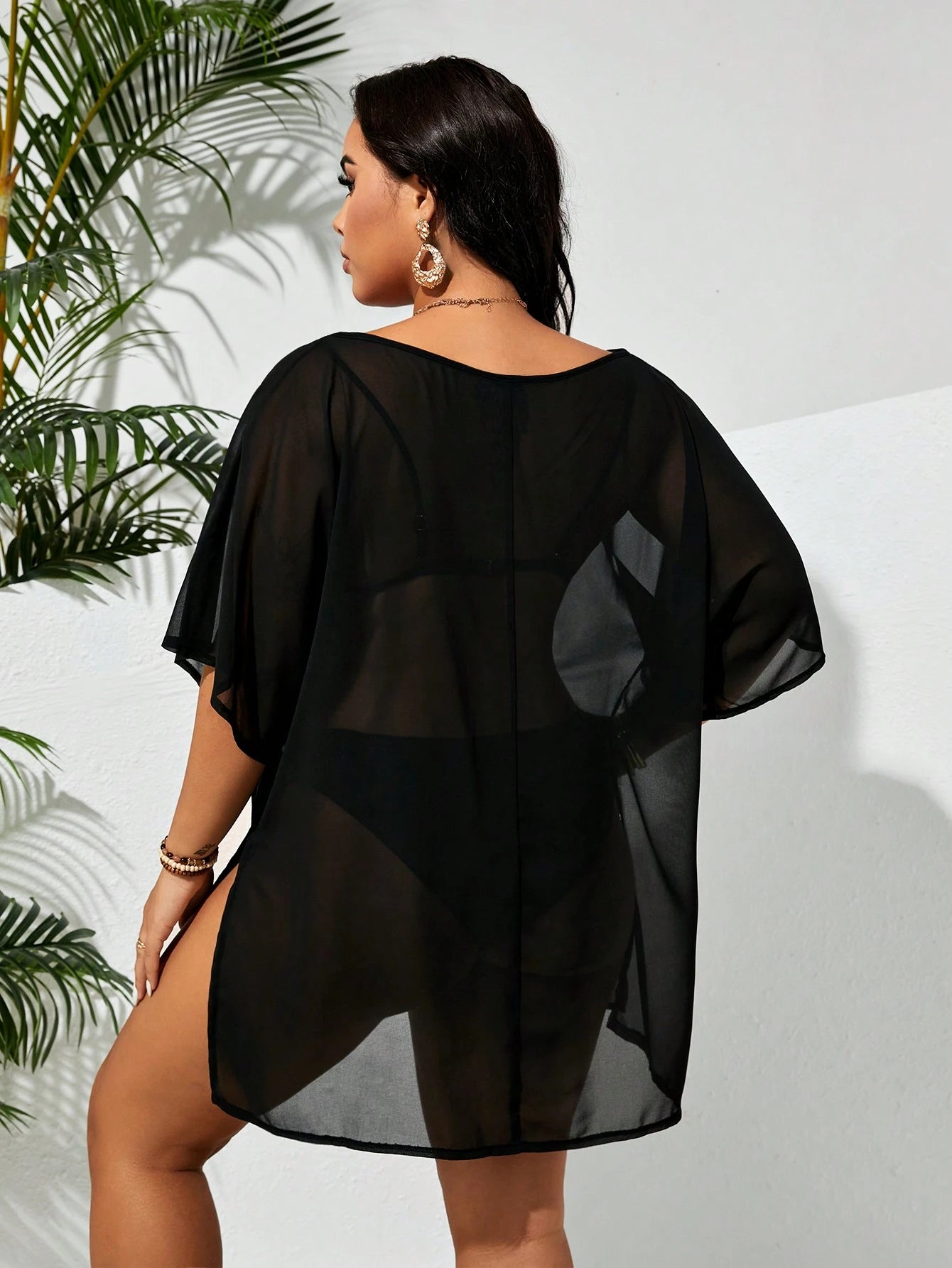 Swim Lushoire Plus Size Women's Holiday Solid Color Round Neck Batwing Sleeve Mesh Loose Cover-Up Dress,Summer Beach