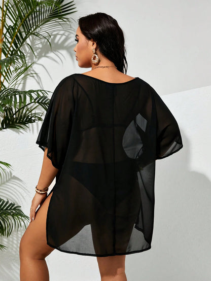 Swim Lushoire Plus Size Women's Holiday Solid Color Round Neck Batwing Sleeve Mesh Loose Cover-Up Dress,Summer Beach
