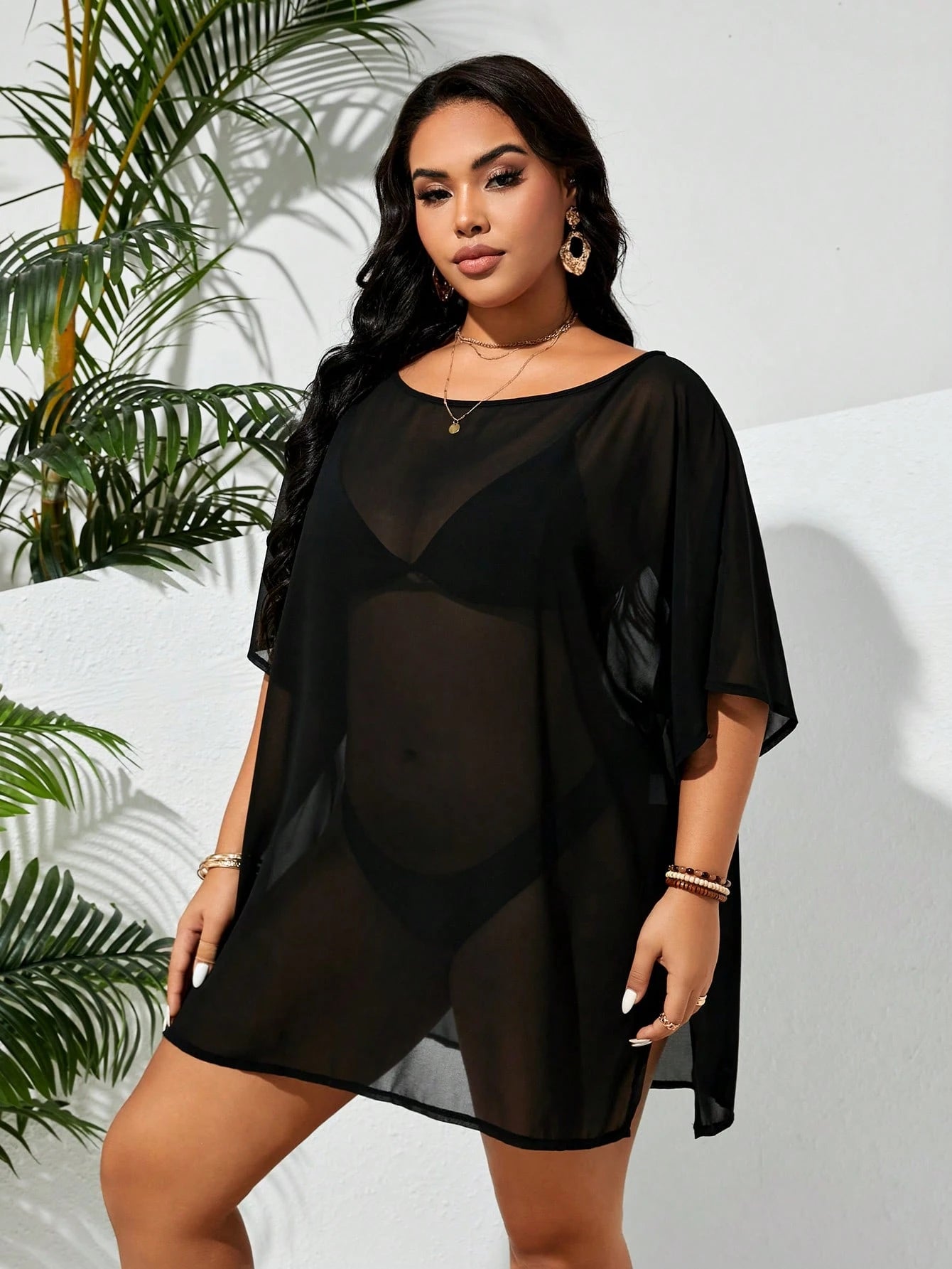 Swim Lushoire Plus Size Women's Holiday Solid Color Round Neck Batwing Sleeve Mesh Loose Cover-Up Dress,Summer Beach