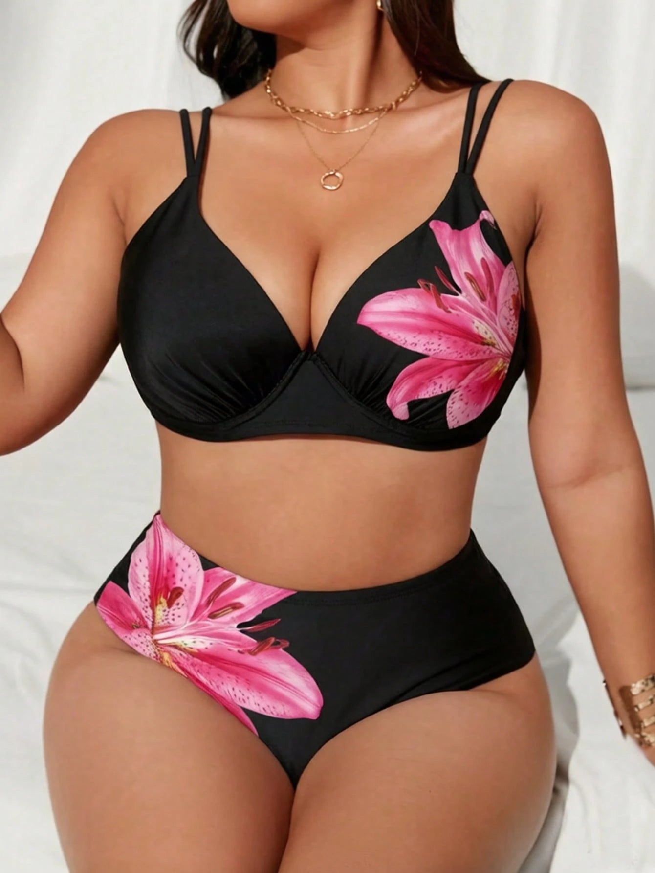 Swim Lushoire Plus Size Women's New Solid Color Push-Up Underwire Hard Cup High Waist Bikini Set 2pcs Adjustable Shoulder Straps Elegant Fashion Sexy Casual Vacation Style Beach Swimwear