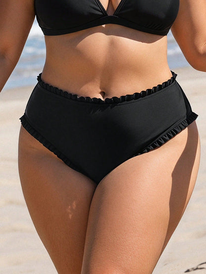 Swim Lushoire Plus Size Women Solid Color Frill Trim Swim Bottoms, High Elasticity Fabric, Suitable For Beach, Pool Party And Other Occasions