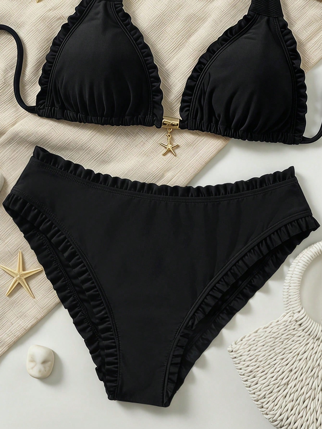 Swim Lushoire Plus Size Women Solid Color Frill Trim Swim Bottoms, High Elasticity Fabric, Suitable For Beach, Pool Party And Other Occasions