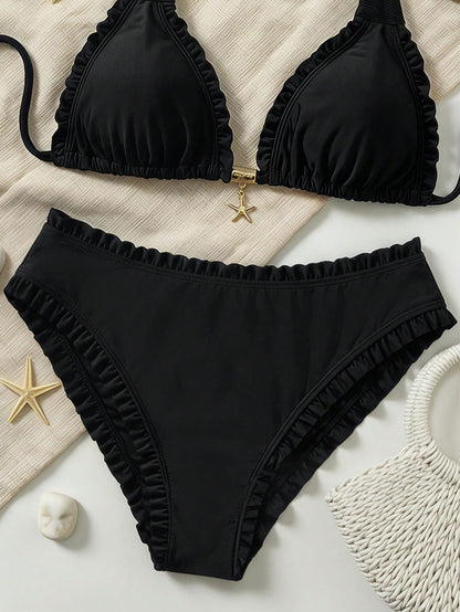 Swim Lushoire Plus Size Women Solid Color Frill Trim Swim Bottoms, High Elasticity Fabric, Suitable For Beach, Pool Party And Other Occasions