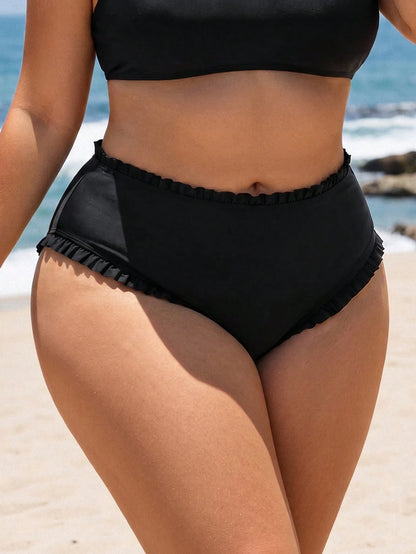 Swim Lushoire Plus Size Women Solid Color Frill Trim Swim Bottoms, High Elasticity Fabric, Suitable For Beach, Pool Party And Other Occasions
