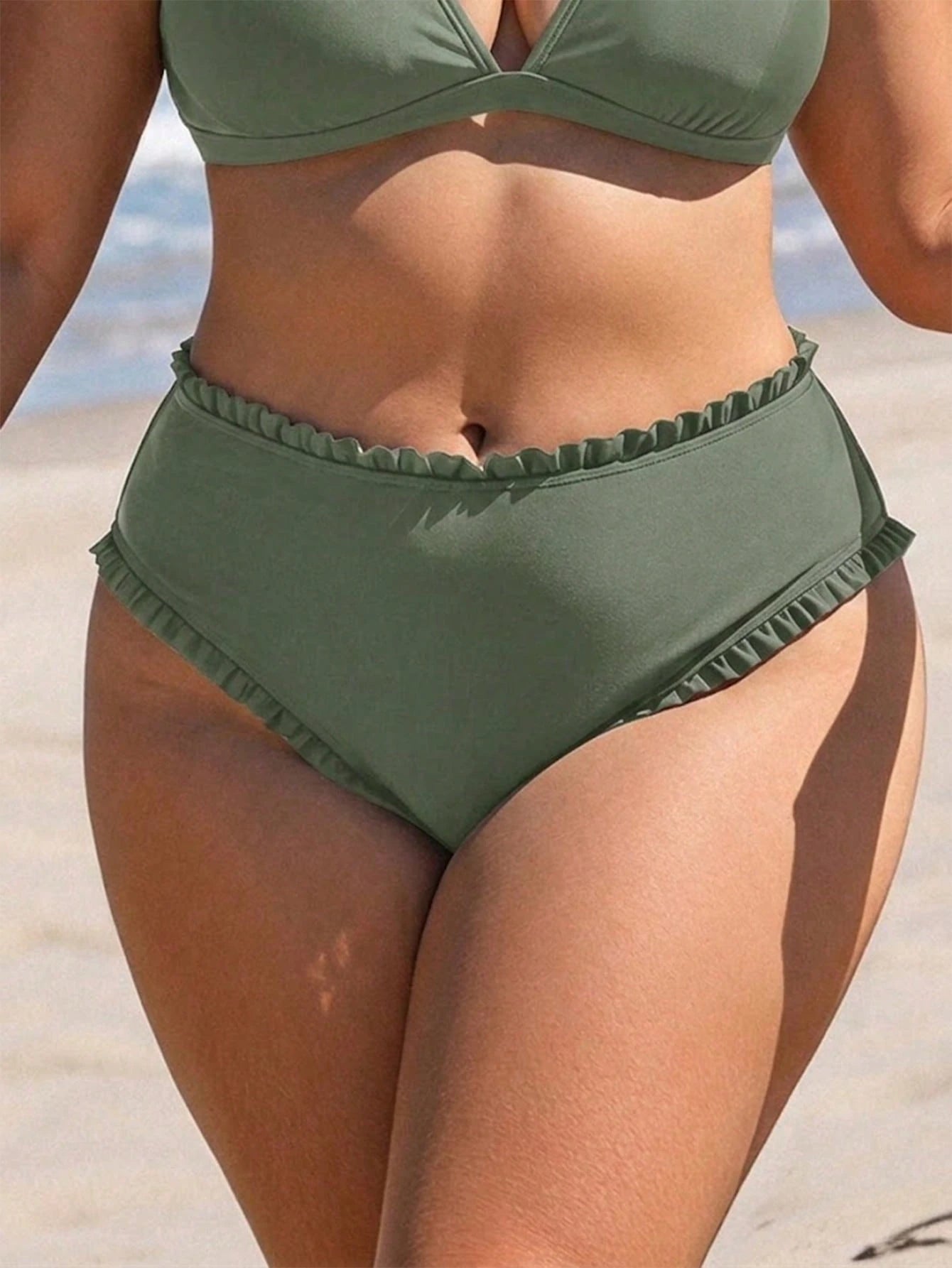 Swim Lushoire Plus Size Women Solid Color Frill Trim Swim Bottoms, High Elasticity Fabric, Suitable For Beach, Pool Party And Other Occasions