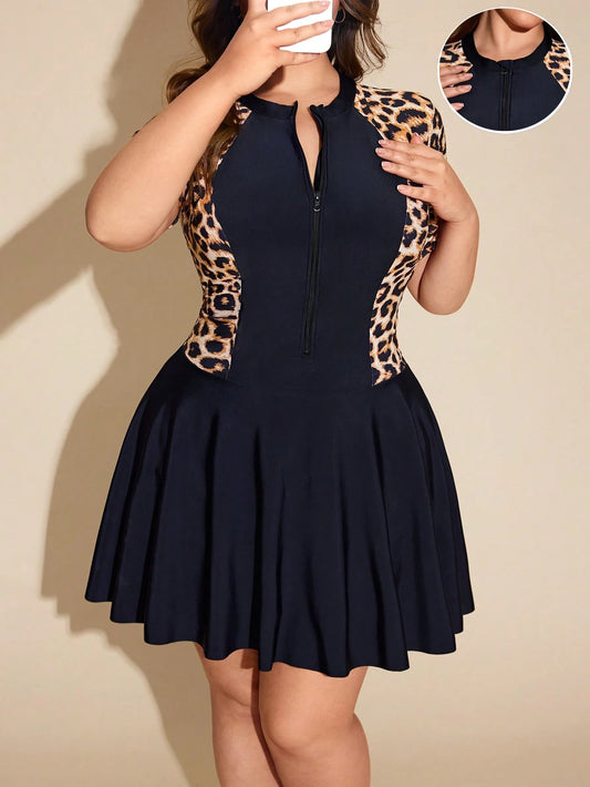 Swim Lushoire Plus Size Women Summer Resort Leopard Patchwork V-Neck Short Sleeve Zipper Flare Mini Skirt Solid Color Knee-Length Shorts Burkini Swimsuit Set