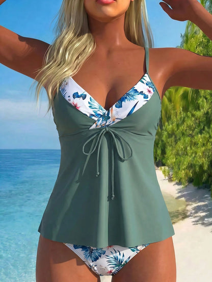 Swim Lushoire Spring/Summer Sun Beach Swimwear 2pcs Set, All-Over Floral Print Mature Bikini With Tank Top And Boy Shorts For Women