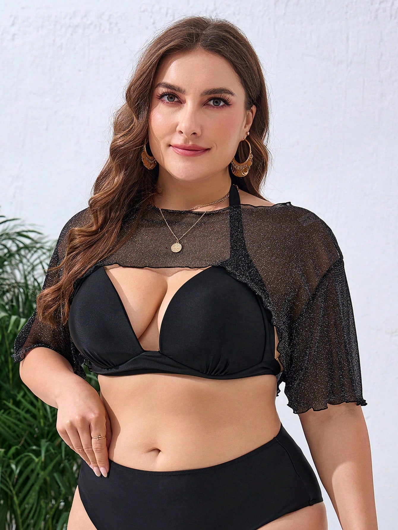 Swim Lushoire Summer Beach Plus Size Solid Lettuce Trim See-Through Cover Up Top, Perfect For Holiday And Pool Party