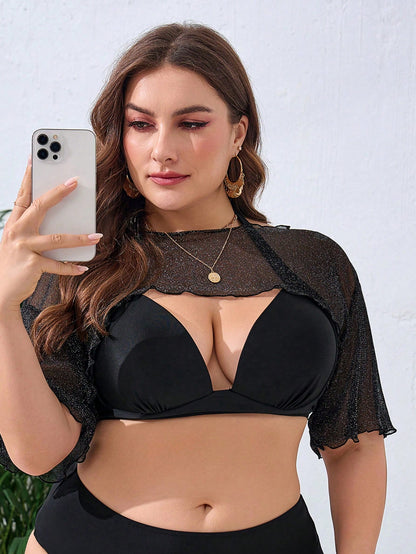 Swim Lushoire Summer Beach Plus Size Solid Lettuce Trim See-Through Cover Up Top, Perfect For Holiday And Pool Party