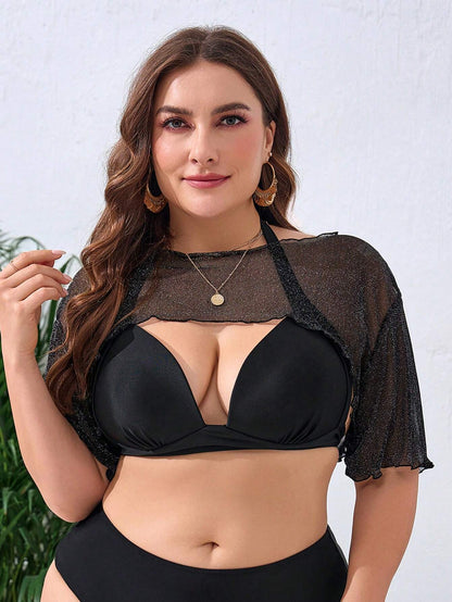 Swim Lushoire Summer Beach Plus Size Solid Lettuce Trim See-Through Cover Up Top, Perfect For Holiday And Pool Party