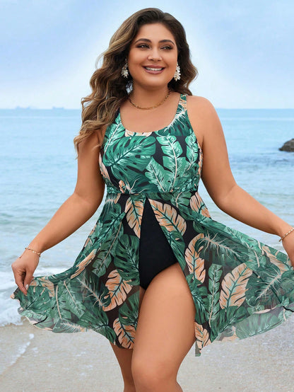 Swim Lushoire Summer Beach Plus Size Women's Tropical Print One-Piece Swimsuit 1pc Set