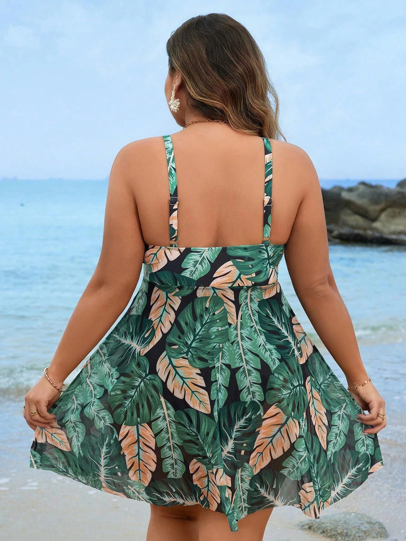 Swim Lushoire Summer Beach Plus Size Women's Tropical Print One-Piece Swimsuit 1pc Set